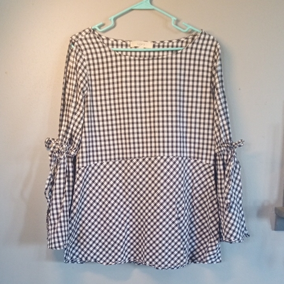 Loft Black/White Gingham Blouse With Keyhole Bell Sleeve Size Medium - Picture 1 of 6